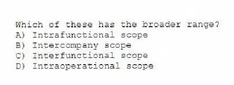 Which of these has the broader range?
A) Intrafunctional scope
B) Intercompany scope
C) Interfunctional scope
D) Intraoperational scope