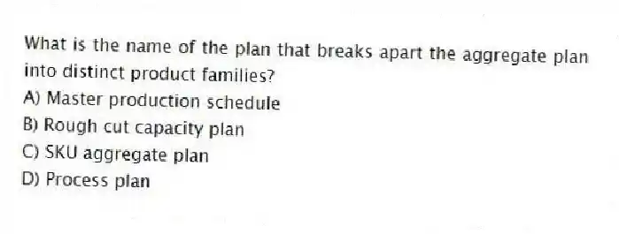 What is the name of the plan that breaks apart the aggregate plan into distinct product families?
A) Master production schedule
B) Rough cut capacity plan
C) SKU aggregate plan
D) Process plan