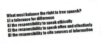 What must balance the right to free speech?
A) a tolerance for difference
B) the responsibility to speak ethically
C) the responsibility to speak often and effectively
D) the responsibility to cite sources of information