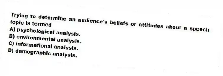 Trying to determine an audience's beliefs or attitudes about a speech topic is termed
A) psychological analysis.
B) environmental analysis.
C) informational analysis.
D) demographic analysis.