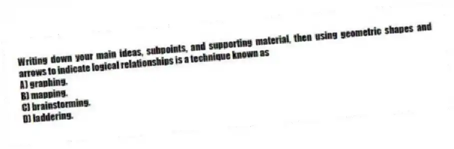 Writing down your main ideas, subpoints, and supporting material, then using geometric shapes and arrows to indicate logical relationships is a technique known as
A) graphing.
B) mapping.
C) brainstorming.
D) laddering.