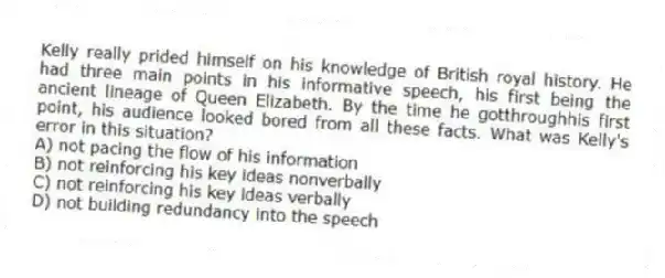 Kelly really prided himself on his knowledge of British royal history. He had three main points in his informative speech, his first being the ancient lineage of Queen Elizabeth. By the time he gotthroughhis first point, his audience looked bored from all these facts. What was Kelly's error in this situation?
A) not pacing the flow of his information
B) not reinforcing his key ideas nonverbally
C) not reinforcing his key ideas verbally
D) not building redundancy into the speech