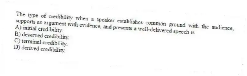 The type of credibility when a speaker establishes common ground with the audience, supports an argument with evidence, and presents a well-delivered speech is
A) initial credibility.
B) deserved credibility.
C) terminal credibility.
D) derived credibility.