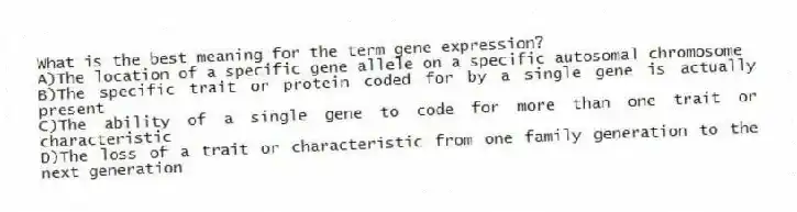 What is the best meaning for the term gene expression?
A)The location of a specific gene allele on a specific autosomal chromosome
B)The specific trait or protein coded for by a single gene is actually present
C)The ability of a single gene to code for more than one trait or characteristic
D)The loss of a trait or characteristic from one family generation to the next generation