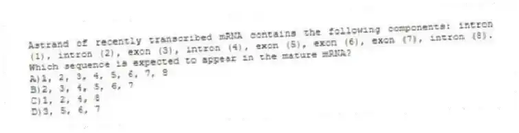 Astrand of recently transcribed mRNA contains the following components: intron (1), intron (2), exon (3), intron (4), exon (5), exon (6), exon (7), intron (8). Which sequence is expected to appear in the mature mRNA?
A)1, 2, 3, 4, 5, 6, 7, 8
B)2, 3, 4, 5, 6, 7
C)1, 2, 4, 8
D)3, 5, 6, 7