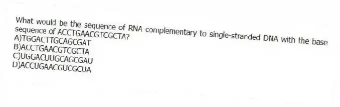 What would be the sequence of RNA complementary to single-stranded DNA with the base sequence of ACCTGAACGTCGCTA?
A)TGGACTTGCAGCGAT
B)ACCTGAACGTCGCTA
C)UGGACUUGCAGCGAU
D)ACCUGAACGUCGCUA