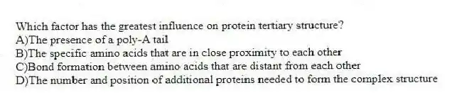 Which factor has the greatest influence on protein tertiary structure?
A)The presence of a poly-A tail
B)The specific amino acids that are in close proximity to each other
C)Bond formation between amino acids that are distant from each other
D)The number and position of additional proteins needed to form the complex structure