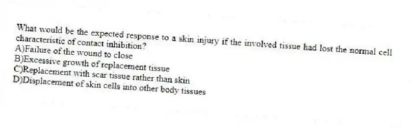 What would be the expected response to a skin injury if the involved tissue had lost the normal cell characteristic of contact inhibition?
A)Failure of the wound to close
B)Excessive growth of replacement tissue
C)Replacement with scar tissue rather than skin
D)Displacement of skin cells into other body tissues