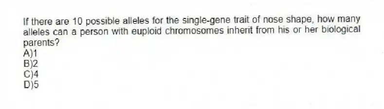If there are 10 possible alleles for the single-gene trait of nose shape, how many alleles can a person with euploid chromosomes inherit from his or her biological parents?
A)1
B)2
C)4
D)5