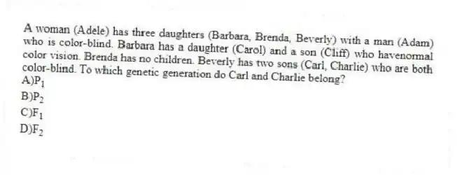 A woman (Adele) has three daughters (Barbara, Brenda, Beverly) with a man (Adam) who is color-blind. Barbara has a daughter (Carol) and a son (Cliff) who havenormal color vision. Brenda has no children. Beverly has two sons (Carl, Charlie) who are both color-blind. To which genetic generation do Carl and Charlie belong?
A)P<sub>1</sub>
B)P<sub>2</sub>
C)F<sub>1</sub>
D)F<sub>2</sub>