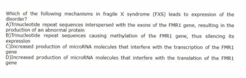 Which of the following mechanisms in fragile X syndrome (FXS) leads to expression of the disorder?
A)Trinucleotide repeat sequences interspersed with the exons of the FMR1 gene, resulting in the production of an abnormal protein
B)Trinucleotide repeat sequences causing methylation of the FMR1 gene, thus silencing its expression
C)Increased production of microRNA molecules that interfere with the transcription of the FMR1 gene
D)Increased production of microRNA molecules that interfere with the translation of the FMR1 gene