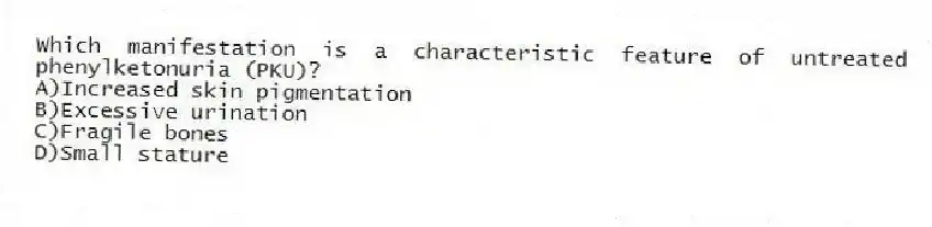 Which manifestation is a characteristic feature of untreated phenylketonuria (PKU)?
A)Increased skin pigmentation
B)Excessive urination
C)Fragile bones
D)Small stature