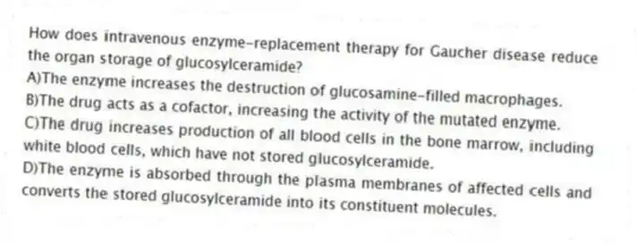How does intravenous enzyme-replacement therapy for Gaucher disease reduce the organ storage of glucosylceramide?
A)The enzyme increases the destruction of glucosamine-filled macrophages.
B)The drug acts as a cofactor, increasing the activity of the mutated enzyme.
C)The drug increases production of all blood cells in the bone marrow, including white blood cells, which have not stored glucosylceramide.
D)The enzyme is absorbed through the plasma membranes of affected cells and converts the stored glucosylceramide into its constituent molecules.