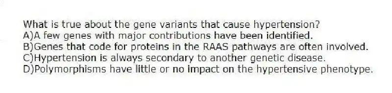 What is true about the gene variants that cause hypertension?
A)A few genes with major contributions have been identified.
B)Genes that code for proteins in the RAAS pathways are often involved.
C)Hypertension is always secondary to another genetic disease.
D)Polymorphisms have little or no impact on the hypertensive phenotype.