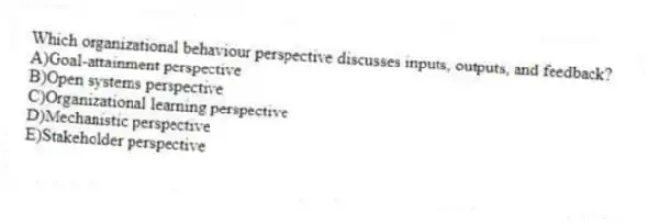 Which organizational behaviour perspective discusses inputs, outputs, and feedback?
A)Goal-attainment perspective
B)Open systems perspective
C)Organizational learning perspective
D)Mechanistic perspective
E)Stakeholder perspective