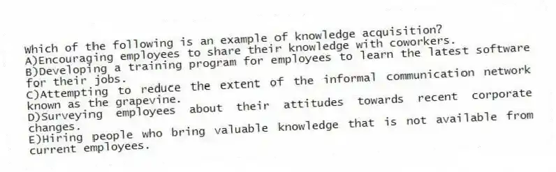 Which of the following is an example of knowledge acquisition?
A)Encouraging employees to share their knowledge with coworkers.
B)Developing a training program for employees to learn the latest software for their jobs.
C)Attempting to reduce the extent of the informal communication network known as the grapevine.
D)Surveying employees about their attitudes towards recent corporate changes.
E)Hiring people who bring valuable knowledge that is not available from current employees.