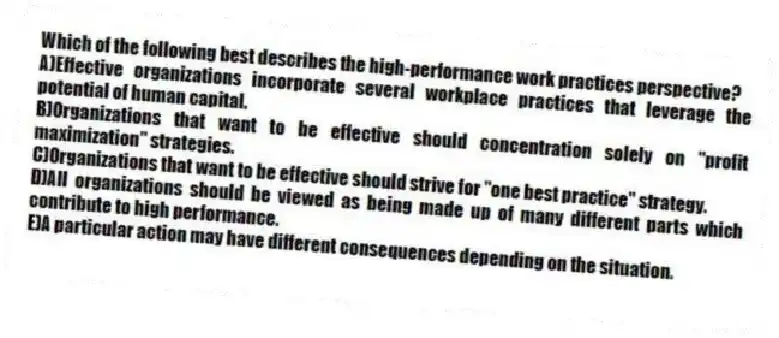 Which of the following best describes the high-performance work practices perspective?
A)Effective organizations incorporate several workplace practices that leverage the potential of human capital.
B)Organizations that want to be effective should concentration solely on "profit maximization" strategies.
C)Organizations that want to be effective should strive for "one best practice" strategy.
D)All organizations should be viewed as being made up of many different parts which contribute to high performance.
E)A particular action may have different consequences depending on the situation.