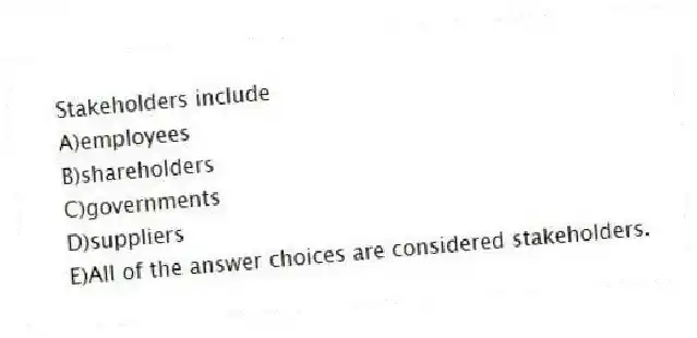 Stakeholders include
A)employees
B)shareholders
C)governments
D)suppliers
E)All of the answer choices are considered stakeholders.