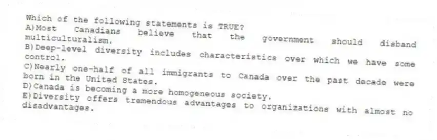 Which of the following statements is TRUE?
A)Most Canadians believe that the government should disband multiculturalism.
B)Deep-level diversity includes characteristics over which we have some control.
C)Nearly one-half of all immigrants to Canada over the past decade were born in the United States.
D)Canada is becoming a more homogeneous society.
E)Diversity offers tremendous advantages to organizations with almost no disadvantages.