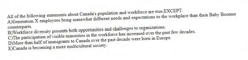 All of the following statements about Canada's population and workforce are true,EXCEPT:
A)Generation X employees bring somewhat different needs and expectations to the workplace than their Baby Boomer counterparts.
B)Workforce diversity presents both opportunities and challenges to organizations.
C)The participation of visible minorities in the workforce has increased over the past few decades.
D)More than half of immigrants to Canada over the past decade were born in Europe.
E)Canada is becoming a more multicultural society.