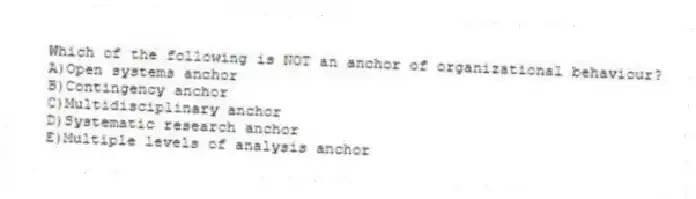 Which of the following is NOT an anchor of organizational behaviour?
A)Open systems anchor
B)Contingency anchor
C)Multidisciplinary anchor
D)Systematic research anchor
E)Multiple levels of analysis anchor