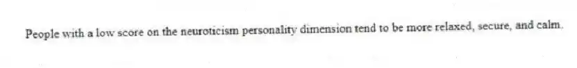 People with a low score on the neuroticism personality dimension tend to be more relaxed, secure, and calm.
