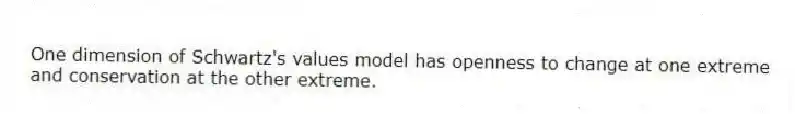 One dimension of Schwartz's values model has openness to change at one extreme and conservation at the other extreme.