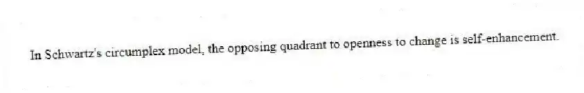 In Schwartz's circumplex model, the opposing quadrant to openness to change is self-enhancement.