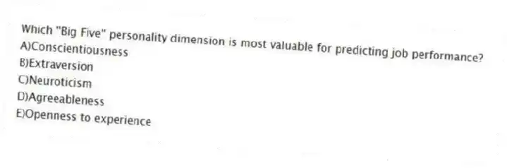 Which ''Big Five'' personality dimension is most valuable for predicting job performance?
A)Conscientiousness
B)Extraversion
C)Neuroticism
D)Agreeableness
E)Openness to experience