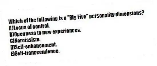 Which of the following is a "Big Five" personality dimensions?
A)Locus of control.
B)Openness to new experiences.
C)Narcissism.
D)Self-enhancement.
E)Self-transcendence.