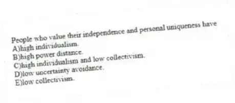 People who value their independence and personal uniqueness have
A)high individualism.
B)high power distance.
C)high individualism and low collectivism.
D)low uncertainty avoidance.
E)low collectivism.