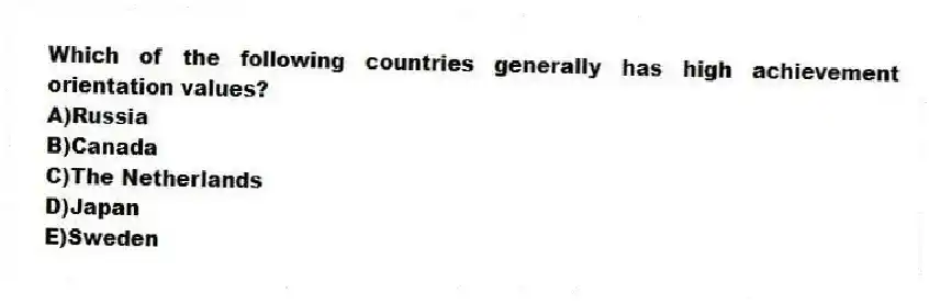 Which of the following countries generally has high achievement orientation values?
A)Russia
B)Canada
C)The Netherlands
D)Japan
E)Sweden