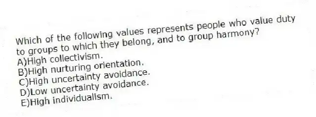Which of the following values represents people who value duty to groups to which they belong, and to group harmony?
A)High collectivism.
B)High nurturing orientation.
C)High uncertainty avoidance.
D)Low uncertainty avoidance.
E)High individualism.