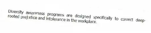 Diversity awareness programs are designed specifically to correct deep-rooted prejudice and intolerance in the workplace.