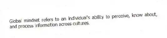 Global mindset refers to an individual's ability to perceive, know about, and process information across cultures.