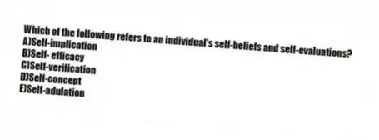 Which of the following refers to an individual's self-beliefs and self-evaluations?
A)Self-implication
B)Self- efficacy
C)Self-verification
D)Self-concept
E)Self-adulation