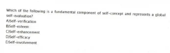Which of the following is a fundamental component of self-concept and represents a global self-evaluation?
A)Self-verification
B)Self-esteem
C)Self-enhancement
D)Self-efficacy
E)Self-involvement