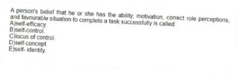 A person's belief that he or she has the ability, motivation, correct role perceptions, and favourable situation to complete a task successfully is called:
A)self-efficacy.
B)self-control.
C)locus of control.
D)self-concept.
E)self- identity.