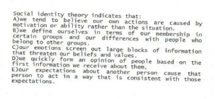Social identity theory indicates that:
A)we tend to believe our own actions are caused by motivation or ability rather than the situation.
B)we define ourselves in terms of our membership in certain groups and our differences with people who belong to other groups.
C)our emotions screen out large blocks of information that threaten our beliefs and values.
D)we quickly form an opinion of people based on the first information we receive about them.
E)our expectations about another person cause that person to act in a way that is consistent with those expectations.