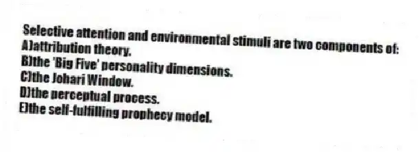 Selective attention and environmental stimuli are two components of:
A)attribution theory.
B)the 'Big Five' personality dimensions.
C)the Johari Window.
D)the perceptual process.
E)the self-fulfilling prophecy model.