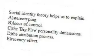 Social identity theory helps us to explain
A)stereotyping.
B)locus of control.
C)the 'Big Five' personality dimensions.
D)the attribution process.
E)recency effect.