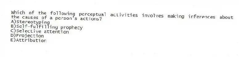 Which of the following perceptual activities involves making inferences about the causes of a person's actions?
A)Stereotyping
B)Self-fulfilling prophecy
C)Selective attention
D)Projection
E)Attribution