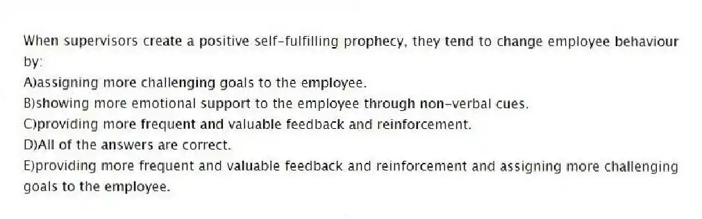 When supervisors create a positive self-fulfilling prophecy, they tend to change employee behaviour by:
A)assigning more challenging goals to the employee.
B)showing more emotional support to the employee through non-verbal cues.
C)providing more frequent and valuable feedback and reinforcement.
D)All of the answers are correct.
E)providing more frequent and valuable feedback and reinforcement and assigning more challenging goals to the employee.
