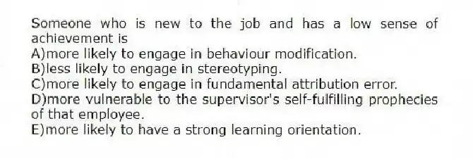 Someone who is new to the job and has a low sense of achievement is
A)more likely to engage in behaviour modification.
B)less likely to engage in stereotyping.
C)more likely to engage in fundamental attribution error.
D)more vulnerable to the supervisor's self-fulfilling prophecies of that employee.
E)more likely to have a strong learning orientation.