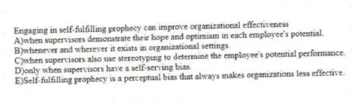 Engaging in self-fulfilling prophecy can improve organizational effectiveness
A)when supervisors demonstrate their hope and optimism in each employee's potential.
B)whenever and wherever it exists in organizational settings.
C)when supervisors also use stereotyping to determine the employee's potential performance.
D)only when supervisors have a self-serving bias.
E)Self-fulfilling prophecy is a perceptual bias that always makes organizations less effective.