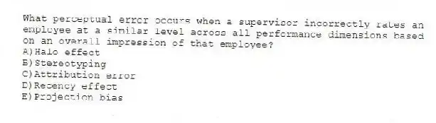 What perceptual error occurs when a supervisor incorrectly rates an employee at a similar level across all performance dimensions based on an overall impression of that employee?
A)Halo effect
B)Stereotyping
C)Attribution error
D)Recency effect
E)Projection bias