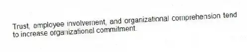Trust, employee involvement, and organizational comprehension tend to increase organizational commitment.
