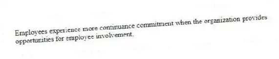 Employees experience more continuance commitment when the organization provides opportunities for employee involvement.