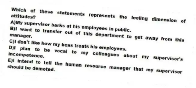 Which of these statements represents the feeling dimension of attitudes?
A)My supervisor barks at his employees in public.
B)I want to transfer out of this department to get away from this manager.
C)I don't like how my boss treats his employees.
D)I plan to be vocal to my colleagues about my supervisor's incompetence.
E)I intend to tell the human resource manager that my supervisor should be demoted.