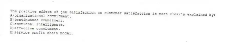 The positive effect of job satisfaction on customer satisfaction is most clearly explained by:
A)organizational commitment.
B)continuance commitment.
C)emotional intelligence.
D)affective commitment.
E)service profit chain model.